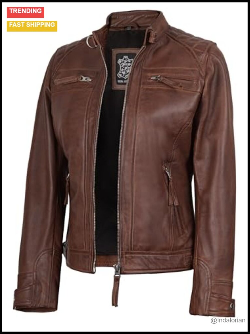 Real Lambskin Leather Cafe Racer Moto Jacket for Women Quilted Zip-Up